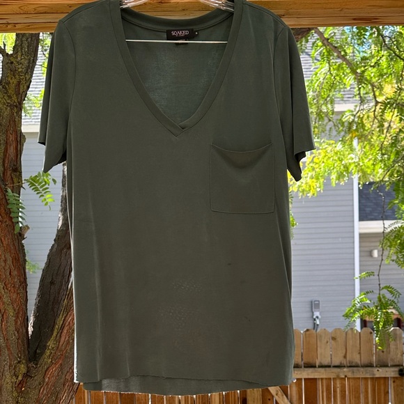 Soaked Stitchfix Green V Neck Short Sleeve Pocket Raw Hem Tee Shirt medium - Picture 5 of 17